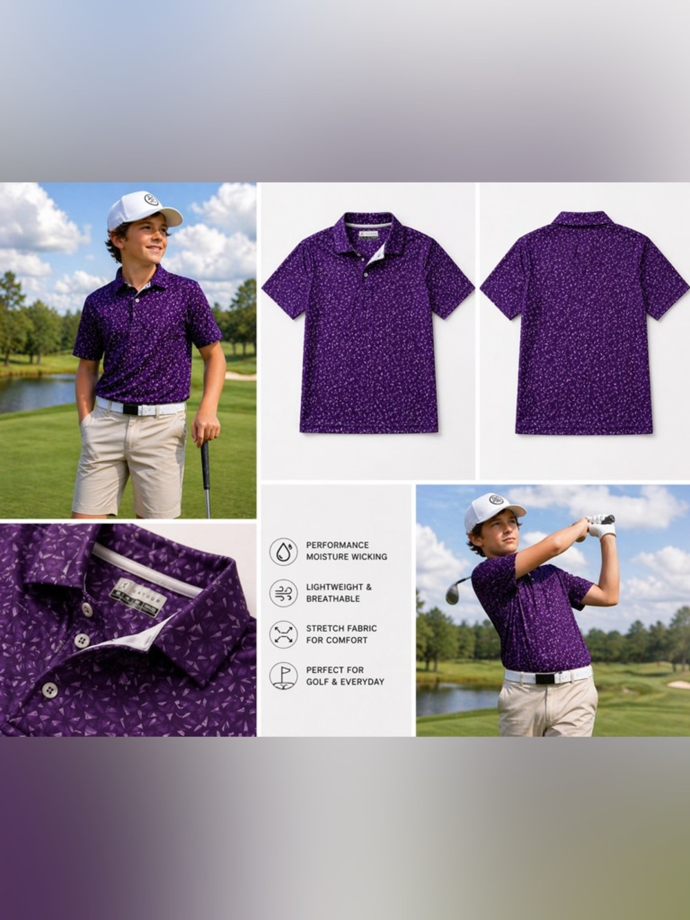 Boys Golf Polo Shirt Purple Performance Stretch Moisture Wicking Size 10/12